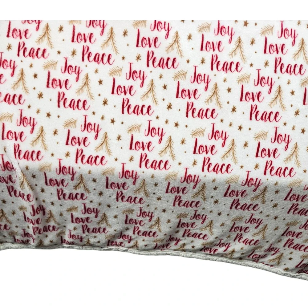 Christmas Holiday Joy‎ Peace Love Throw Blanket Ivory Red Gold Decor